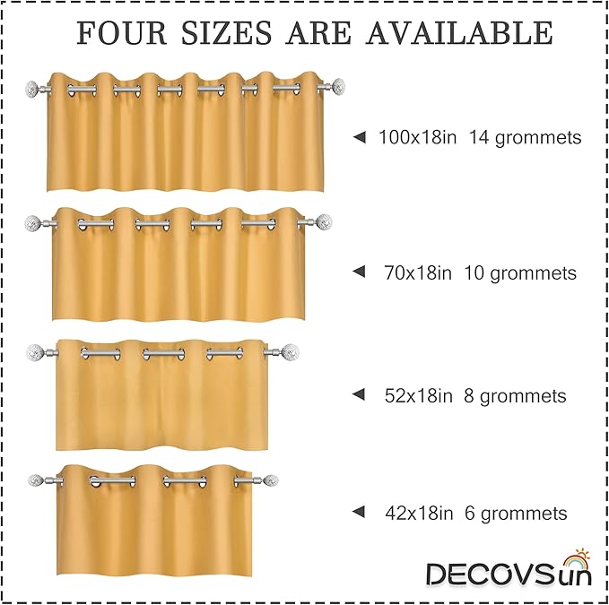 Yellow Valance for Kitchen Blackout Thermal Insulated 42X18 Inches Short Curtains Drapes Grommet Valance for Bedroom/Living Room 1 Panel