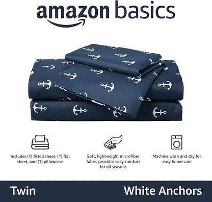 Amazon Basics Kid's Soft Easy-Wash Lightweight Microfiber 3-Piece Sheet Set, Twin, White Anchors, Printed