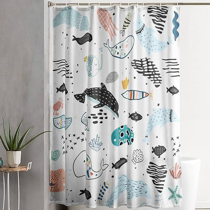 AILONEN Cute Cartoon Dolphin Shower Curtain,Kawaii Ocean Animal Dolphin Bath Curtain Set for Kids Girls Boys,Blue Dolphin Silhouette Fabric Shower Curtains for Bathroom, 72" W*72" H