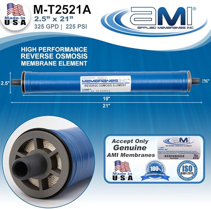 2.5" x 21" Reverse Osmosis Membrane Element for Tap Water | High Rejection 325 GPD at 225 psi | 99.5% Rejection | Replacement Commercial RO Membrane | Applied Membranes USA M-T2521A