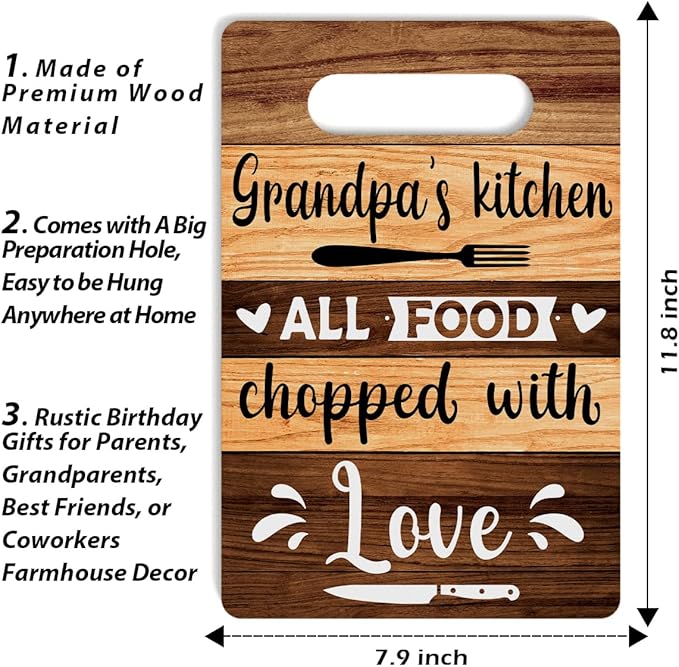 Farmhouse Kitchen Decor, Grandpa Gift, Kitchen Signs Wall Decor, Grandpa's Kitchen All Food Chopped With Love Wood Sign, Cool Fathers Day Birthday Thank You Gifts for Grandpa 8 x 12 Inch