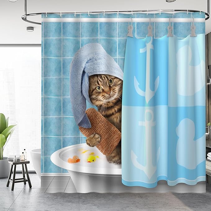 Aimego Long Funny Shower Curtain - Bathing Cat Cute Kitten Taking Shower with Rubber Ducks Fabric Cloth Shower Curtain Set with 12 Hooks for Kids Bathroom Decor Accessories Bathtub Curtain, 72"x78"