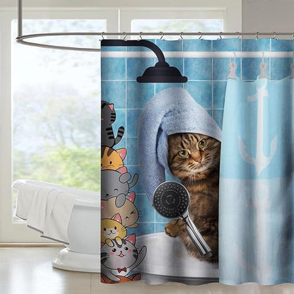 AILONEN Funny Cat Shower Curtain for Kids 72"W*96"H Inch, Cartoon Animal Bathroom Curtain,12 Pack Hooks Polyester Waterproof Fabric Decor for Bathroom,Cute Kitten Taking Shower Cloth Fabric Bathroom