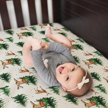 ACRABROS Crib Sheets for Girl Boy: Stretchy Baby Fitted Crib Mattress Sheets Sets 2 Pack Standard Size Ultra Soft Neutral, Blossom Deer&Green Leaf