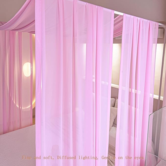 AIKASY Pink Bed Canopy Scarf for Twin - Luxury Sheer Canopy Bed Curtains with Light - Suitable for Four-Poster Bed, Metal Bed Frame, Wood Bed Frame -2pic