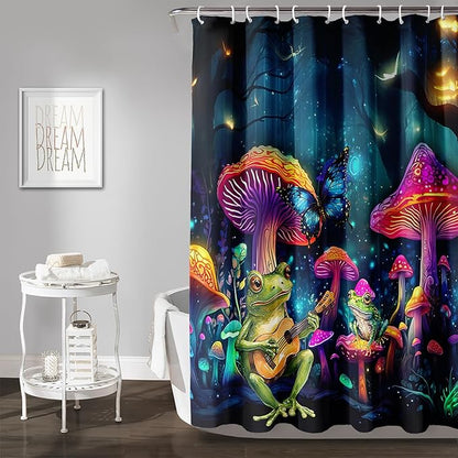 AILONEN Cartoon Frog Shower Curtain,Guitar Frog Fabric Shower Curtains for Bathroom,Magic Mushroom Weighted Polyester Cloth Bath Curtain Set,Mysterious Butterfly Bathroom Curtain,72" W*78" H