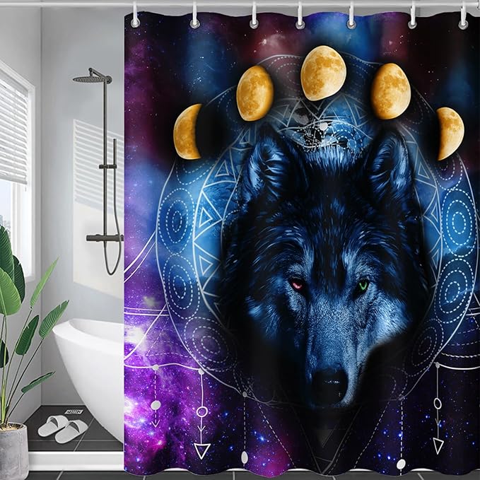 AILONEN Wolf Shower Curtain,Boho Moon Wolf Bath Curtain for Bathroom Decor,Galaxy Wolf Polyester Waterproof Whit 12 Plastic Hooks 72" W*72" H