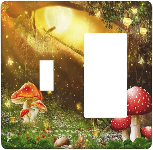 Red Mushroom Forest Fairy Moon Butterfly 2 Gang Single Toggle Rocker Combination Bohemian Light Switch Covers Decorative Wall Plate Cover Electrical Faceplate Switchplate for Kidroom