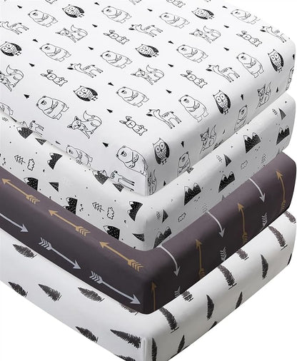 4 Pack Woodland Forest Animals Wood Neutral Unisex Fitted Baby Crib Sheets Set for Baby Boys or Girls Cartoon
