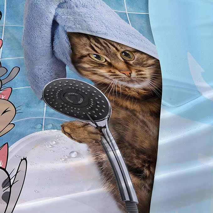 AILONEN Funny Cat Shower Curtain for Kids 72"W*96"H Inch, Cartoon Animal Bathroom Curtain,12 Pack Hooks Polyester Waterproof Fabric Decor for Bathroom,Cute Kitten Taking Shower Cloth Fabric Bathroom
