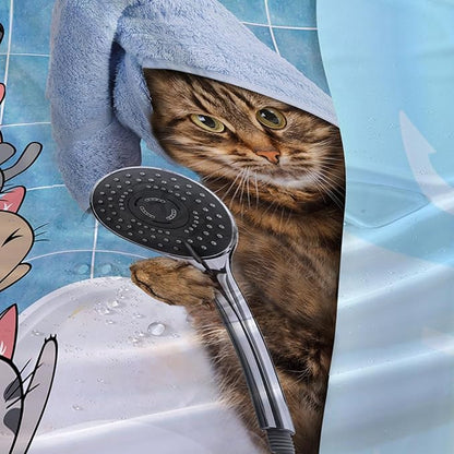 AILONEN Funny Cat Shower Curtain for Kids 48"W*72"H Inch, Cartoon Animal Bathroom Curtain,12 Pack Hooks Polyester Waterproof Fabric Decor for Bathroom,Cute Kitten Taking Shower Cloth Fabric Bathroom