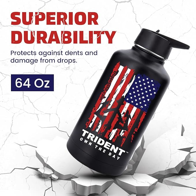 American Flag 64 oz Water Bottle, Reusable Water Bottle with Straw, Leak Proof Water Bottles, 64oz Insulated Water Bottle, Thermos Water Bottle - Retired Navy Combat Vet Small Business (Black, 64 Oz)