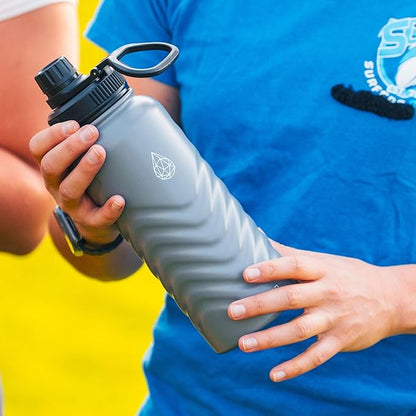 32 oz Insulated Water Bottle - Black Water Bottles with Straw (Spout Lid & Screw Top) & Silicone Boot & Flex Handle - Wide Mouth Stainless Steel Water Bottles - BPA Free - (Black, 1000ml)