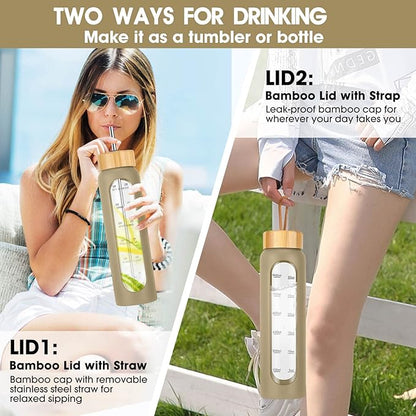 32 oz Glass Water Bottles with Straw - Motivational Glass Water Bottle with Time Marker & Silicone Sleeve - Reusable Glass Tumbler Includes 2 Bamboo Lids & Fruit Infuser - 1 Pack