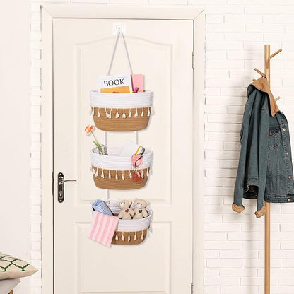 Over The Door Hanging Basket Boho Woven Wall Hanging Baskets 3-Tier Cotton Wall Mounted Storage Organizer Bag Macrame Decorative Hanging Baskets for Kitchen Laundry Room Stairs(White, Jute)