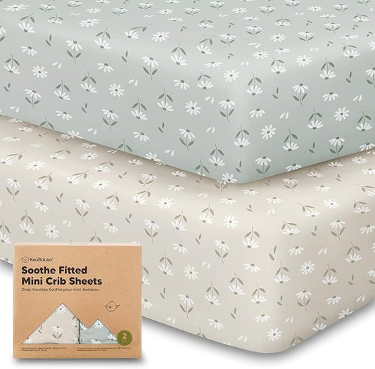 2-Pack Mini Crib Sheets Fitted, Pack and Play Sheets - Organic Cotton Pack N Play Sheets for Pack and Play Mattress, Playard Baby Crib Sheets, Jersey Crib Sheets Neutral for Boys, Girls (Daisies)