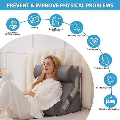 4pcs Orthopedic Bed Wedge Pillow Set, Memory Foam Post Surgery Pillow for Back, Leg Pain Relief, Adjustable Pillow Wedge for Sleeping, Bed Sitting up, Acid Reflux, GERD & Snoring, Grey