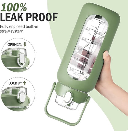 64 oz Glass Water Bottle with Straw and 2 Lids, Half Gallon Water Bottle with Sleeve, Large Insulated 2 Liter Glass Water Jug Time Marker with Handle - Olive