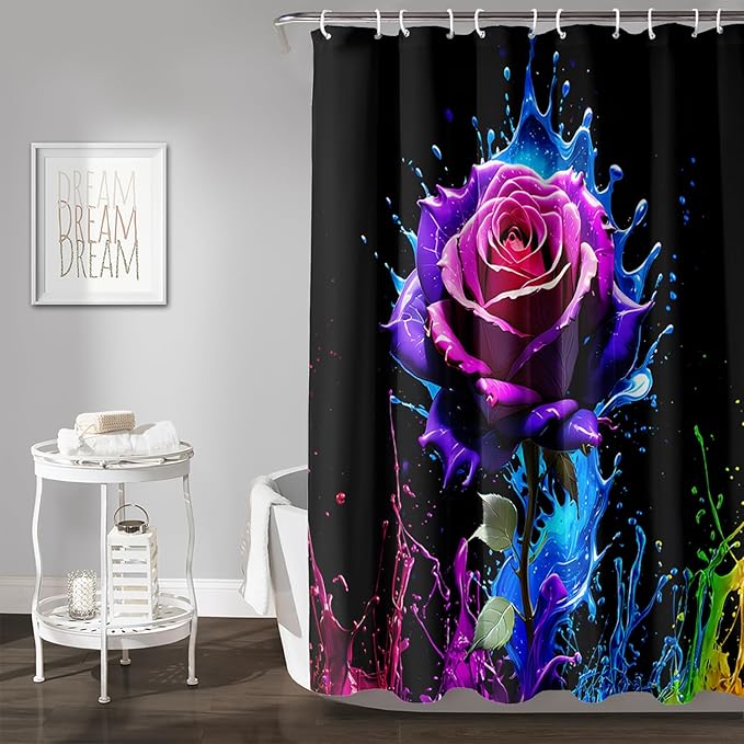 AILONEN Purple Rose Flower Shower Curtain for Bathroom,Splash-Ink Rose Bath Curtain for Kids Girls Women,Romantic Minimalism Curtain Waterproof with 12 Plastic Hooks, 72" W*72" H