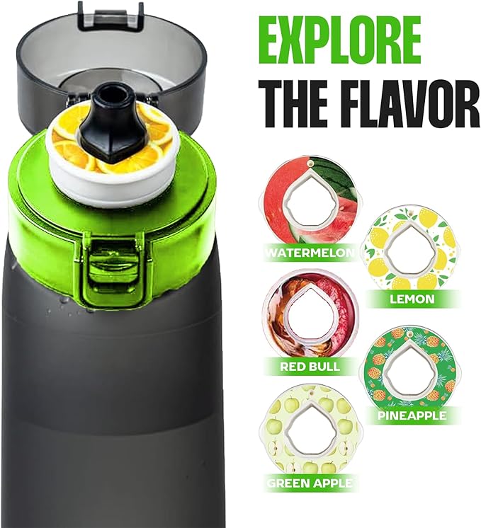 SPARK Air Water Bottle with Flavor Pods,750ML Scented Water Bottle BPA Free, Leak Proof Sports Motivational Water Bottle with Time Marker, Fruit Fragrance Water Bottle with Straw (Black+5 Pods)