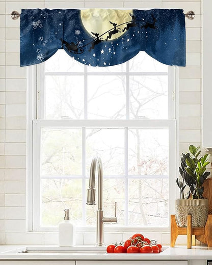 Christmas Blackout Tie Up Valance Curtains for Kitchen Windows Santa Claus Reindeer Window Toppers Balloon Shades for Living Room/Bathroom/Bedroom,1 Panel,42" X 18" Blue Snowy Night
