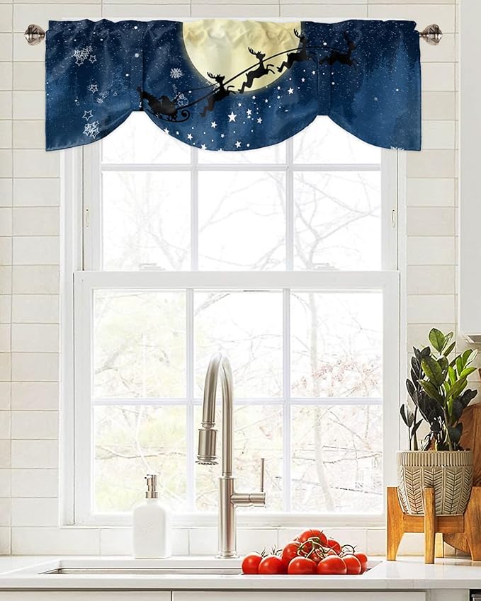 Christmas Blackout Tie Up Valance Curtains for Kitchen Windows Santa Claus Reindeer Window Toppers Balloon Shades for Living Room/Bathroom/Bedroom,1 Panel,42" X 12" Blue Snowy Night