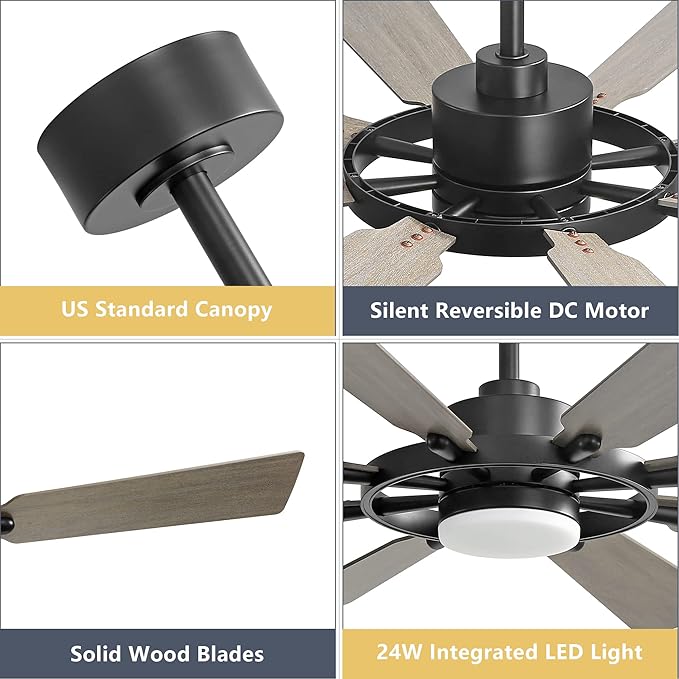 72" Ceiling Fan with Lights and Remote Control, Wood 8 Blades 6-Speed Noiseless Reversible DC Motor, 3 Downrods, Modern Ceiling fan for Office Porch Bedroom Dining Living Room, Black+Wood
