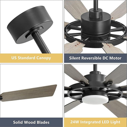 72" Ceiling Fan with Lights and Remote Control, Wood 8 Blades 6-Speed Noiseless Reversible DC Motor, 3 Downrods, Modern Ceiling fan for Office Porch Bedroom Dining Living Room, Black+Wood