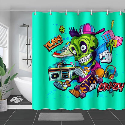 AILONEN Skate Skull Shower Curtain for Bathroom,Green Hip Hop Sport Skull Art Bathroom Curtain for Kids Girls Teen,Bath Curtain 72" W*96" H Polyester Waterproof Bathroom Curtain with 12 Hooks