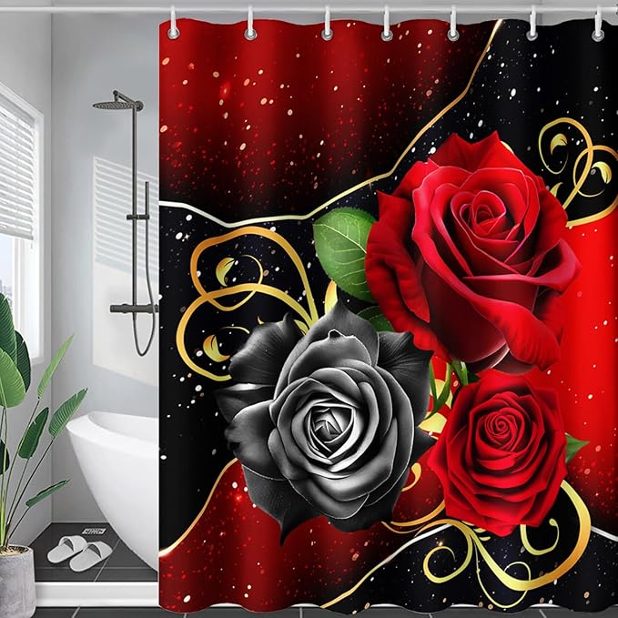 AILONEN Romantic Red Rose Flower Shower Curtain,Red and Black Floral Bath Curtain,Modern Flower Waterproof Curtain for Bathroom Decor, 72" W x 96" H