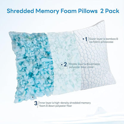 Adjustable Shredded Memory Foam Pillows, Cooling Pillows Standard Size Set of 2, Support Yet Soft Pillow Side Back Stomach Sleepers with Washable Removable Ice Silk Cover