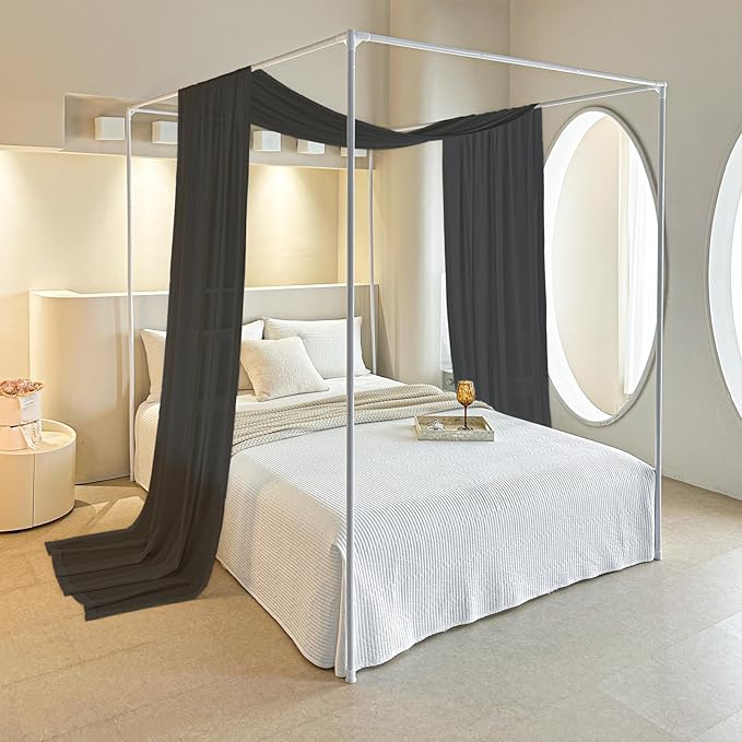 AIKASY Black Bed Canopy Scarf for King - Luxury Sheer Canopy Bed Curtains with Light - Suitable for Four-Poster Bed, Metal Bed Frame, Wood Bed Frame -1pic