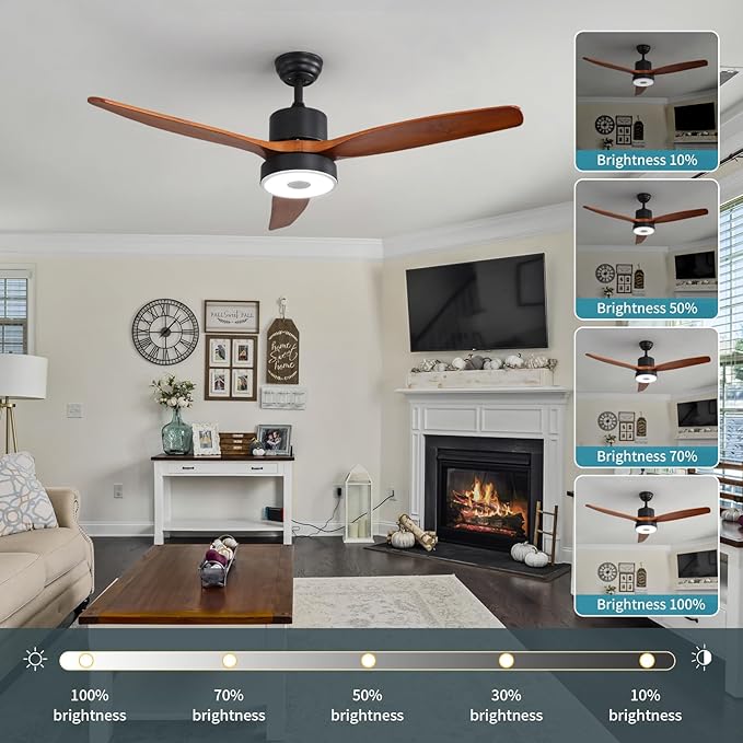 52 Inch Wood Ceiling Fan with RGB Dimming LED Light,with Music Bluetooth Speaker,Remote Control,3-Speed Regulation, Reversible Motor,Timing,for Living Room,Bedroom,Restaurant,Outdoor