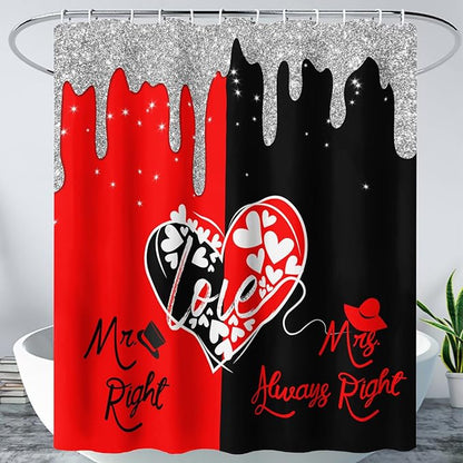 AILONEN Mr Mrs Black and Red Shower Curtain,Love Hearts Pattern Mr Right Mrs Always Right Theme Bath Curtain,Modern Print Decoration Waterproof Shower Curtain with 12 Plastic Hooks, 72" W*84" H