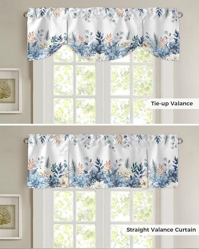 Blue Christmas Poinsettia Blackout Tie Up Valance Curtains for Kitchen Windows Winter Eucalyptus Leaves Window Toppers Balloon Shades for Living Room/Bathroom/Bedroom,1 Panel, 54" X 18",