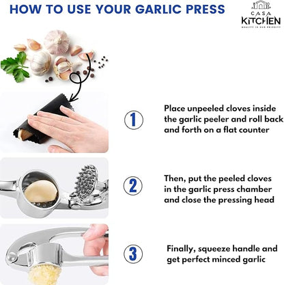 Premium Garlic Press, Heavy Duty Garlic Mincer Tool, Easily Crush Garlic, Ginger, Nuts, Seeds, Ergonomic Handle Garlic Press Stainless Steel, Garlic Masher, Silicone Peeler & Brush, Kitchen Gadgets