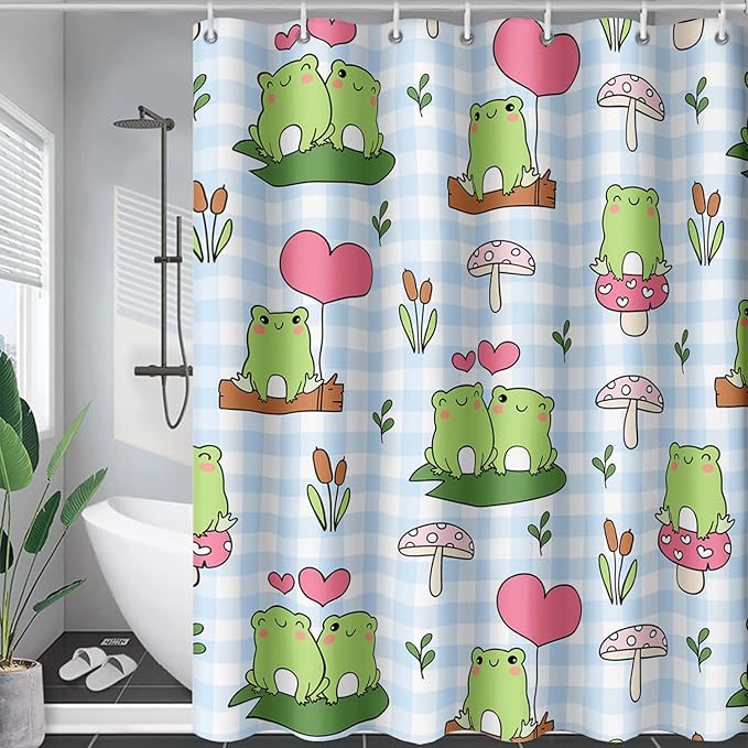 AILONEN Kawaii Frog Shower Curtain,Cute Cartoon Mushroom Frog Bath Curtain,Romantic Frog Couple Hearts Printed Waterproof Blue Stripe Curtain, 72" W x 84" H
