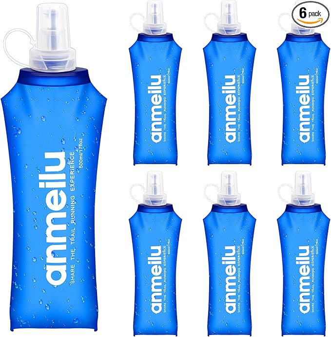 6 Pack TPU Soft Folding Water Bottles Sports Collapsible Flask Water Bottle Pocket Folding Handheld Soft Water Bottle for Hydration Pack for Hiking Running Cycling Climbing(500ml/16.9oz)