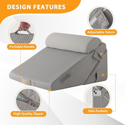 3PCS Orthopedic Bed Wedge Pillow Set for Sleeping, Wedge Pillow for Back Pain Relief, 10-in-1 Adjustable Bed Wedge Pillow Post Surgery, Triangle Pillow for Acid Reflux Snoring Gerd, Grey