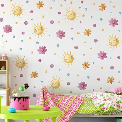 Watercolor Boho Smiling Sun Wall Decals Removable DIY Colorful Flowers Wall Decal Peel and Stick Dewdrops Wall Stickers Wall Art for Baby Nursery Bedroom Living Room Playroom Decor