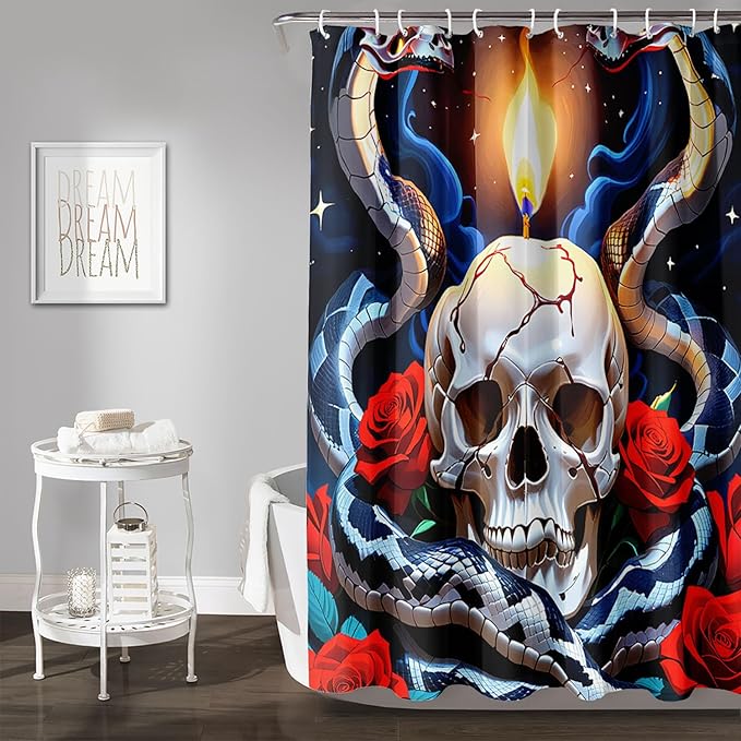 AILONEN Skull Shower Curtain for Bathroom,Red Rose Terror Snake Skull Bath Curtain,Goth Skull Skeleton Print Waterproof Curtain with 12 Plastic Hooks, 72" W*72" H
