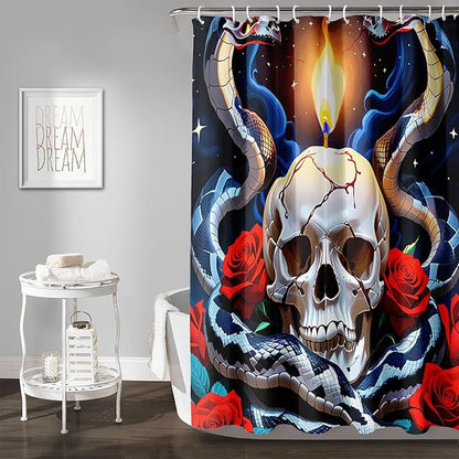 AILONEN Skull Shower Curtain for Bathroom,Red Rose Terror Snake Skull Bath Curtain,Goth Skull Skeleton Print Waterproof Curtain with 12 Plastic Hooks, 72" W*78" H