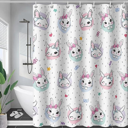 AILONEN Cute Rabbit Shower Curtain, Cartoon Kawaii Bunny Shower Curtain for Bathroom,Modern Minimalist White Waterproof Fabric Shower Curtain Set with Hooks 60" W*72" H