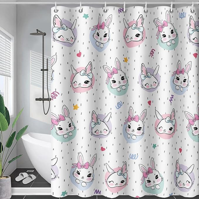 AILONEN Cute Rabbit Shower Curtain, Cartoon Kawaii Bunny Shower Curtain for Bathroom,Modern Minimalist White Waterproof Fabric Shower Curtain Set with Hooks 72" W*96" H