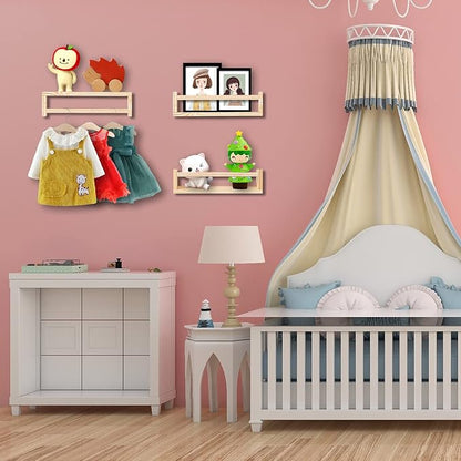 Nursery Floating Shelves for Kids Room, Set of 3 Wall Book Shelves for Kitchen Living Room, Book Shelf Wall Mounted for Baby Kids Bedoom Bathroom (nature, 16inch set 3)