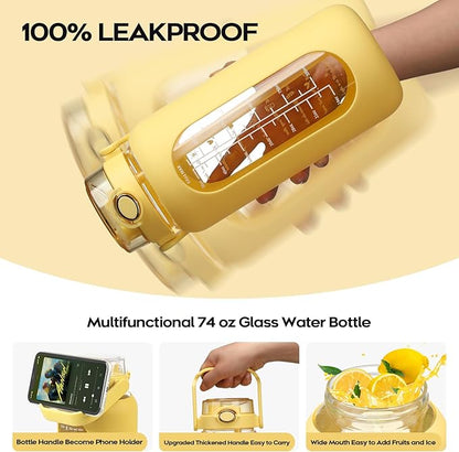 74 oz Glass Water Bolttles with Straw Large Motivational Water Bottle with Time Marker Sports Water Bottles with Silicone Sleeve and Handle Lid 2.2L Water Jug for Gym Workout