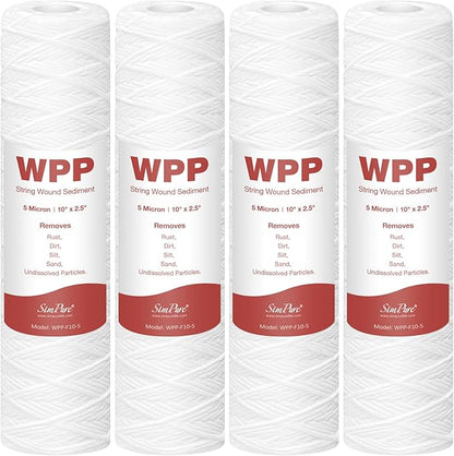 5 Micron 10" x 2.5" String Wound Whole House Water Filter Cartridge for Well Water, SimPure Sediment Filter Replacement for Housing DB1025 AP110 (4 Pack)