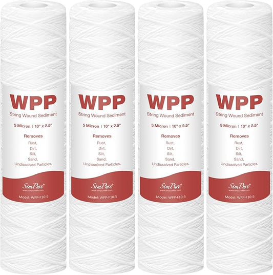 5 Micron 10" x 2.5" String Wound Whole House Water Filter Cartridge for Well Water, SimPure Sediment Filter Replacement for Housing DB1025 AP110 (4 Pack)