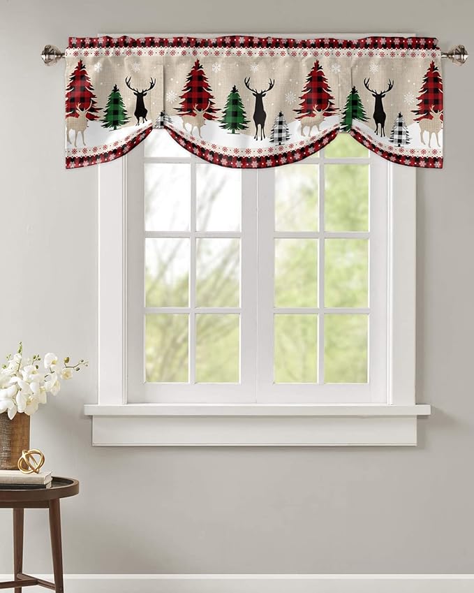 Farmhouse Christmas Blackout Tie Up Valance Curtains for Kitchen Windows Rustic Plaid Christmas Tree Snowflakes Window Toppers Balloon Shades for Living Room/Bathroom/Bedroom,54" X 18" Red Green Black