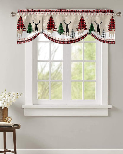 Farmhouse Christmas Blackout Tie Up Valance Curtains for Kitchen Windows Rustic Plaid Christmas Tree Snowflakes Window Toppers Balloon Shades for Living Room/Bathroom/Bedroom,54" X 18" Red Green Black